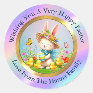 Schattig Pasen Konijn en Gelukkige Lente Bloemen V Ronde Sticker