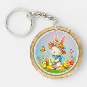 Schattig Pasen Konijn en Gelukkige Lente Bloemen V Sleutelhanger