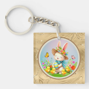 Schattig Pasen Konijn en Gelukkige Lente Bloemen V Sleutelhanger