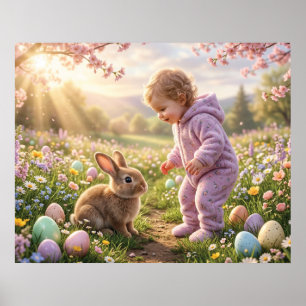 Schattig Pasen Konijn en Kind Poster