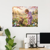 Schattig Pasen Konijn en Kind Poster (Thuiskantoor)