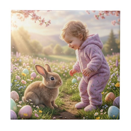 Schattig Pasen Konijn en Kind Tegeltje (Voorkant)