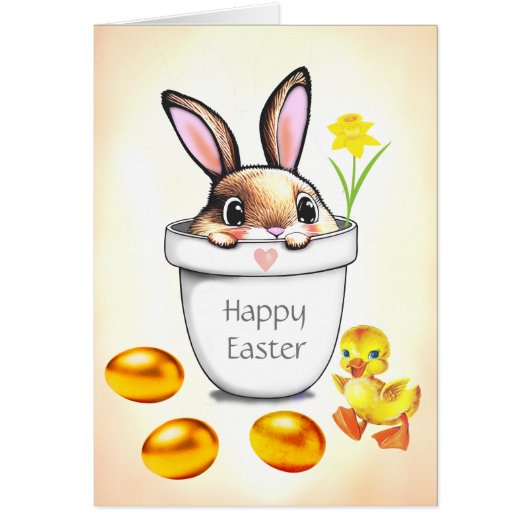 Schattig Pasen konijn in een plantenpot & gouden e (Voorkant)
