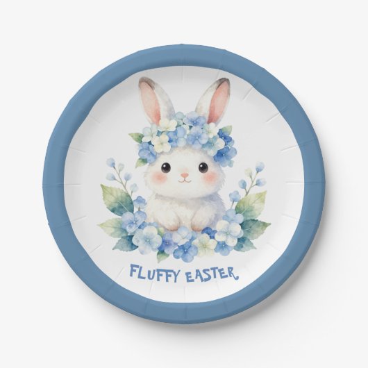 Schattig Pasen Konijn Waterverf met Hydrangea Papieren Bordje (Voorkant)