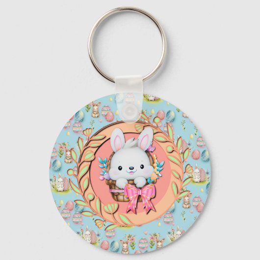 Schattig Pasen Konijn Zit in de Mand Sleutelhanger (Voorkant)