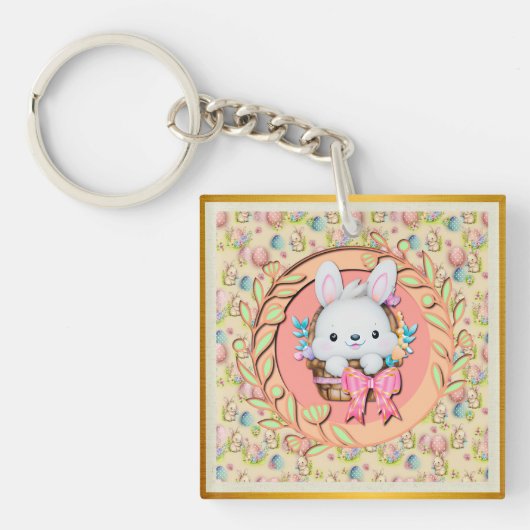 Schattig Pasen Konijn Zit in de Mand Sleutelhanger (voorkant)