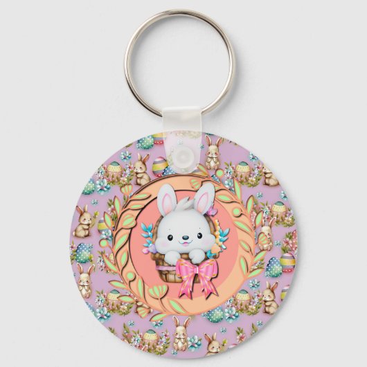 Schattig Pasen Konijn Zit in de Mand Sleutelhanger (Voorkant)