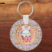 Schattig Pasen Konijn Zit in de Mand Sleutelhanger (Voorkant)
