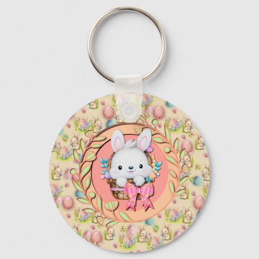Schattig Pasen Konijn Zit in de Mand Sleutelhanger (Voorkant)