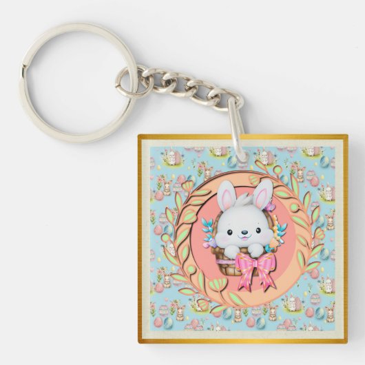 Schattig Pasen Konijn Zit in de Mand Sleutelhanger (voorkant)