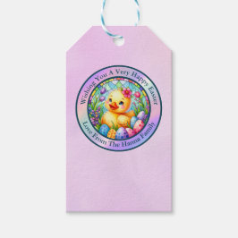 Schattig Pasen Kuiken, Bloemen en Kleurrijke Eiere Cadeaulabel