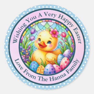 Schattig Pasen Kuiken, Bloemen en Kleurrijke Eiere Ronde Sticker