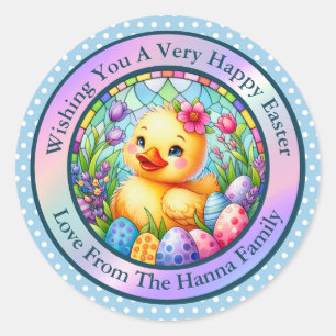 Schattig Pasen Kuiken, Bloemen en Kleurrijke Eiere Ronde Sticker