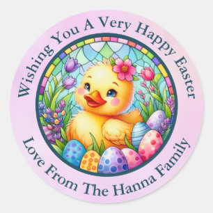 Schattig Pasen Kuiken, Bloemen en Kleurrijke Eiere Ronde Sticker