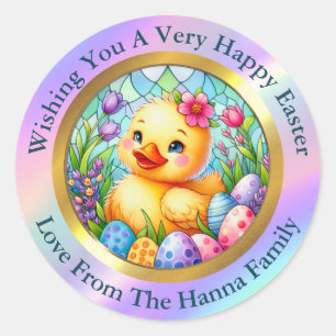 Schattig Pasen Kuiken, Bloemen en Kleurrijke Eiere Ronde Sticker