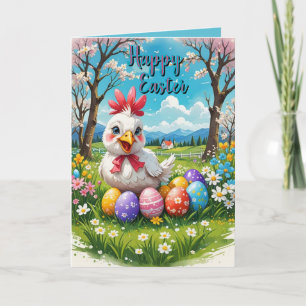 Schattig Pasen Kuiken met Lente Bloemen, Eieren Feestdagen Kaart