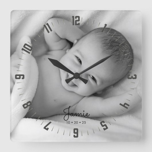 Schattig pasgeboren Baby Foto Neursery Square Wall Vierkante Klok (Voorkant)