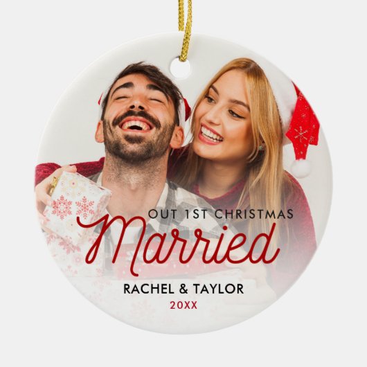Schattig pasgetrouwd foto ons eerste getrouwd keramisch ornament (Voorkant)