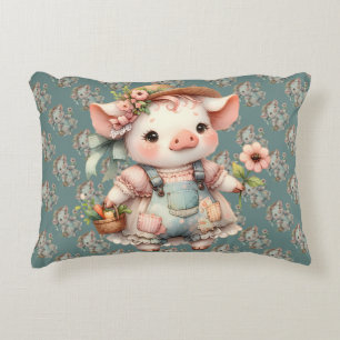Schattig Pastel Biggetje in Cottagecore Overall Accent Kussen