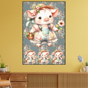 Schattig Pastel Biggetje in Cottagecore Overall Canvas Afdruk