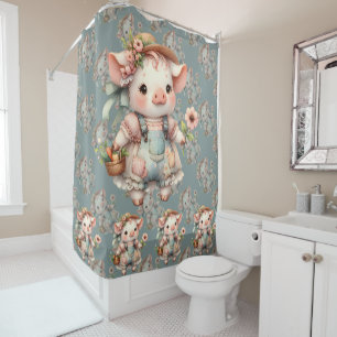 Schattig Pastel Biggetje in Cottagecore Overall Douchegordijn