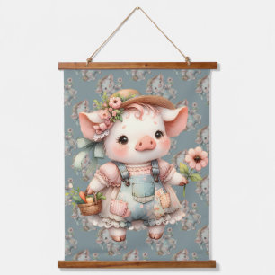 Schattig Pastel Biggetje in Cottagecore Overall Hangend Wandkleed