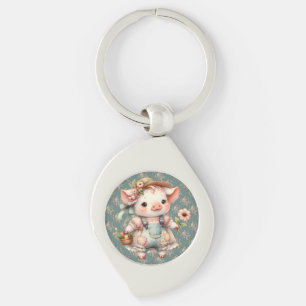 Schattig Pastel Biggetje in Cottagecore Overall Sleutelhanger