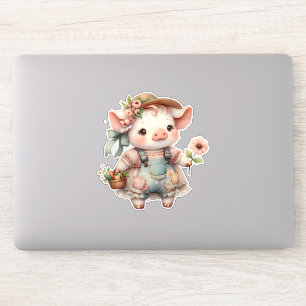 Schattig Pastel Biggetje in Cottagecore Overall Sticker