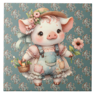 Schattig Pastel Biggetje in Cottagecore Overall Tegeltje