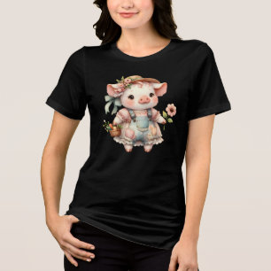 Schattig Pastel Biggetje in Cottagecore Overall Tri-Blend Shirt