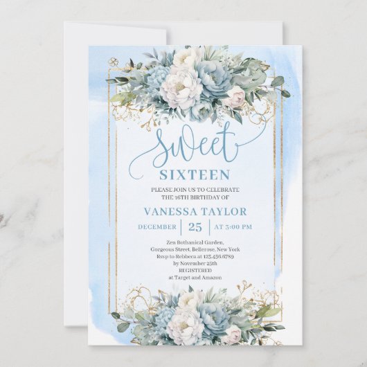 Schattig Pastel Blauw Wit Bloemzoet 16 Invites Kaart (Voorkant)