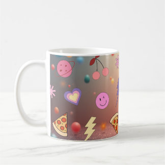 Schattig Pastel Doodle Patroon Pizza Kers Smiley Koffiemok