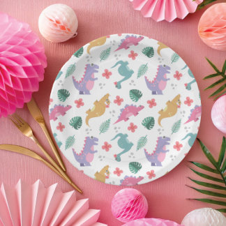 Schattig Pastel Meisje Dinosaurus Papieren Bordje