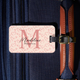 Schattig pastel roze hart patroon script monogram bagagelabel