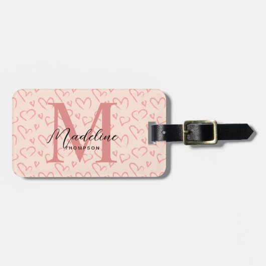 Schattig pastel roze hart patroon script monogram bagagelabel (Voorkant horizontaal)