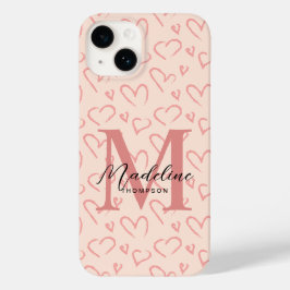Schattig pastel roze hart patroon script monogram Case-Mate iPhone 14 hoesje