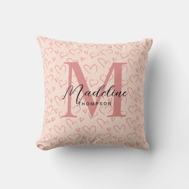 Schattig pastel roze hart patroon script monogram kussen (Voorkant)