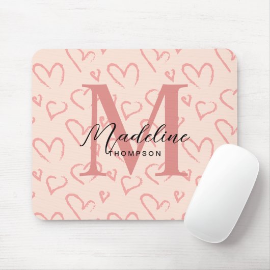 Schattig pastel roze hart patroon script monogram muismat (Met muis)