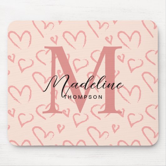 Schattig pastel roze hart patroon script monogram muismat (Voorkant)