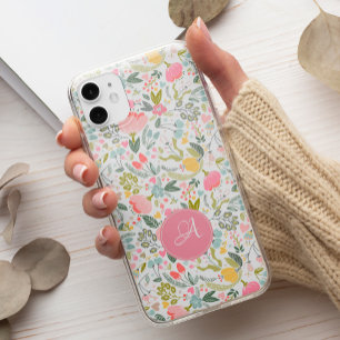 Schattig pastelroze bloemrijk botanisch monogram Case-Mate iPhone 14 hoesje