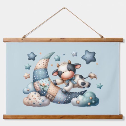 Schattig Patchwork Koeienfiguur Boven Maan met Ste Hangend Wandkleed (Voorkant)