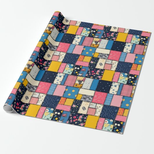 Schattig patchwork ontwerp, speels patroon cadeaupapier (Uitgerold)
