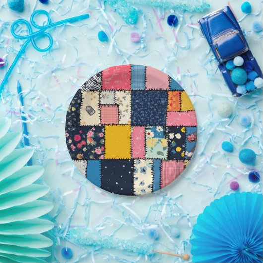 Schattig patchwork ontwerp, speels patroon papieren bordje (Feest)