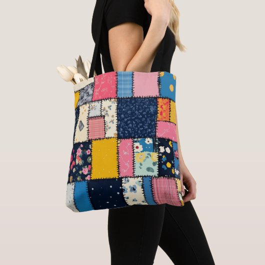 Schattig patchwork ontwerp, speels patroon tote bag (Dichtbij)
