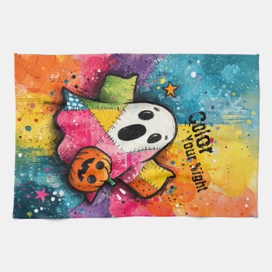 Schattig Patchwork Spook Kleurrijke Spatverf Kunst Theedoek (Horizontaal)