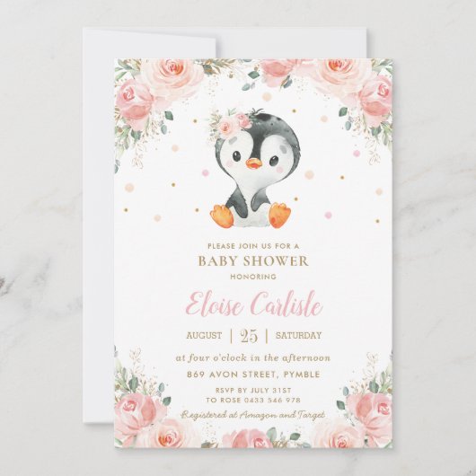 Schattig Penguin Blush Floral Girl Baby shower Kaart (Voorkant)