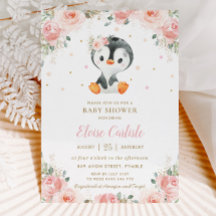 Schattig Penguin Blush Floral Girl Baby shower
