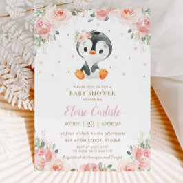 Schattig Penguin Blush Floral Girl Baby shower Kaart