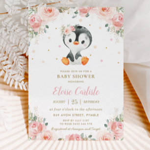 Schattig Penguin Blush Floral Girl Baby shower Kaart