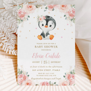 Schattig Penguin Blush Floral Girl Baby shower Kaart